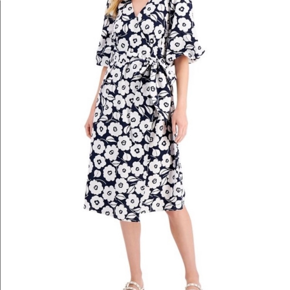 Charter Club Women’s Linen Floral Print Wrap Dress XS Navy White
